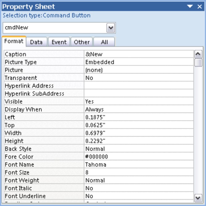 The property sheet for the New command button